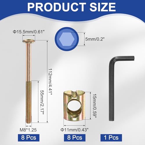 PATIKIL 8 Set Bunk Bed Bolts and Nuts Kit, M8x110mm Furniture Bolts Hex Drive Socket Cap Hardware Replacement for Beds Headboards Chairs - size: M8x110mm