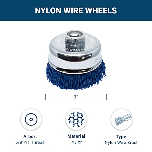 Benchmark Abrasives 3” Nylon Wire Wheel Cup Brush with 5/8"-11 Female Thread, Perfect for Rust or Paint Removal, Sanding, Polishing, Scrubbing, Heavy Grout Removal - (Blue) - color: Blue