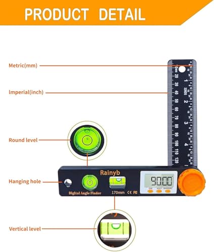 Rainyb Digital Angle Finder Tool, 5 inch Pocket Protractor, 0-360 Degree, LED Display with Horizontal Bubble Levels and Ruler Meter Accurate Tool for Woodworkers, Carpenters, Fabricators