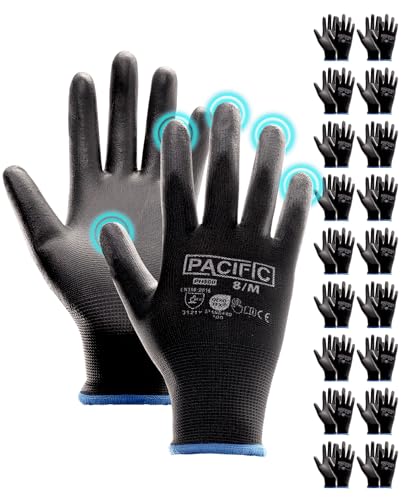 PACIFIC PPE PU Coated Grip Work Gloves, Touchscreen, Seamless Knit, Medium - color: Black (18 Pairs), size: Medium(Fits like S)