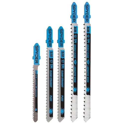 Spyder 5-Piece Jig Saw Blade Set, for Wood, Laminate, and Plastic, CRV/HSS Bi-Metal Steel, T-Shank Compatible with All Major Brands (300088) - size: 3-1/2 inch & 4-inch & 5-1/8 inch, style: 5-Piece Set