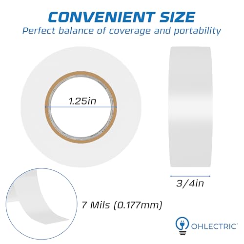 OHLECTRIC Professional Grade Vinyl Electrical Tape (1 Pack) White - 7 Mil Thick Flame-Retardant, Heat & Weather Resistant 3/4 Inch x 60 Feet | Ideal for Contractors & Electricians - size: 1 Roll, style: White