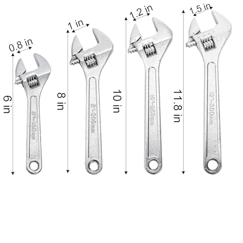 Okllen Set of 4 Adjustable Wrench Set, 6/8/10/12-Inch, Forged Cr-V Steel Crescent Wrench with Metric Scales, Heat Treated & Chrome Plated