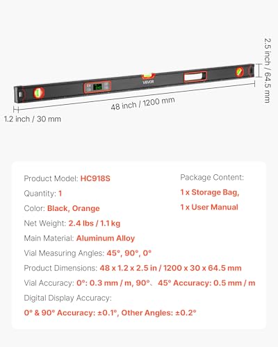 VEVOR Digital Level, 48 in Length, Magnetic Electronic Level with LED Backlit Display, 360° Electronic Leveler Tool with 0°/45°/90° Bubble Vials, IP54 Rating for Construction Carpentry Home Renovation - size: 48 inch Single