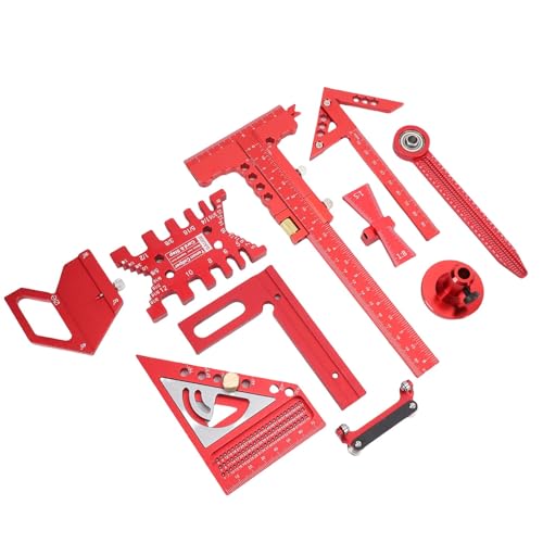 Woodworking Ruler Set, 9Pcs Aluminum Alloy Geometry Set Precision Measuring Tools for Accurate Layout Includes T Square Ruler, Compasses, Protractor, and Dovetail with