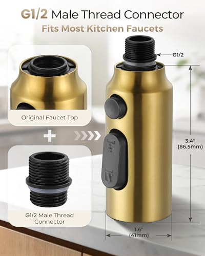 Pull Down Faucet Sprayer Head Replacement, Gold 3 Function Pull Out Spray Head Nozzle with 9 Adapters for Kitchen Sink Faucet, American Standard for Moen Kohler Delta G1/2 Male Connector - color: Gold