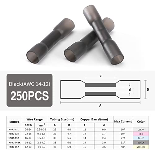 250PCS Heat Shrink Butt Wire Connectors 14-12 AWG, Insulated Waterproof Electrical Wire Connectors Automotive Marine Grade Wire Crimp Terminals Butt Splices, Ideal for Boat, Truck, Black - size: Black 250 PCS