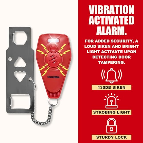 Door Security Bar & Portable Door Lock with Alarm (Chrome) – High-Grade Iron Door Jammer & 130dB Alarm for Home, Apartment, Hotel & Travel Safety – (Red)