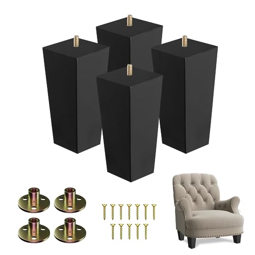Yes4All 6-Inch Square Black Solid Wood Furniture Legs Set of 4, Heavy Duty 800 lbs Capacity, Adjustable Levelers, Replacement Furniture Legs for Couch, Sofa, Dresser, Ottoman, Chair, and Bed - color: Square Black, size: 6 inch
