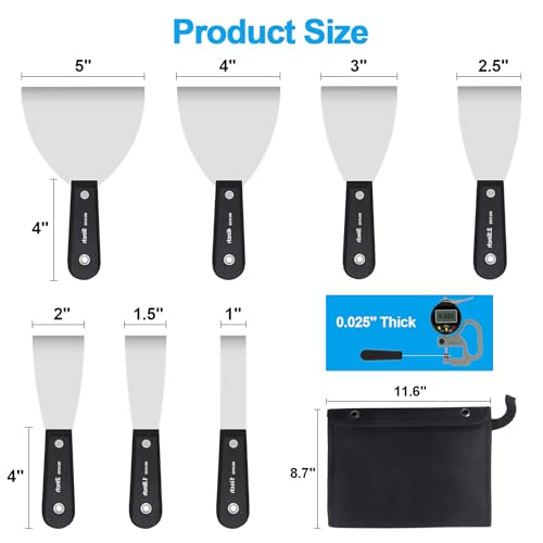 weiwei Carbon Stainless Steel Putty Knife Set, 7 PCS Spackle Knife with Storage Bag Sturdy Putty Scraper Knives Drywall Tools for Craftsman Wall Paint Repair Smoothing (1", 1.5", 2", 2.5", 3", 4", 5")