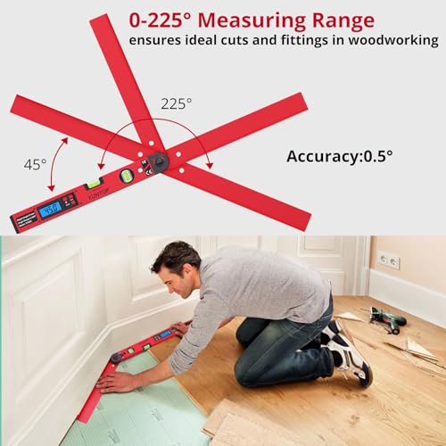 XUNTOP 0-225°/0.5° Digital Angle Finder 16” Aluminum Angle Measuring Tool with Horizontal&Vertical Bubbles Digital Protractor with LCD Display for Woodworking, Construction, Machinery