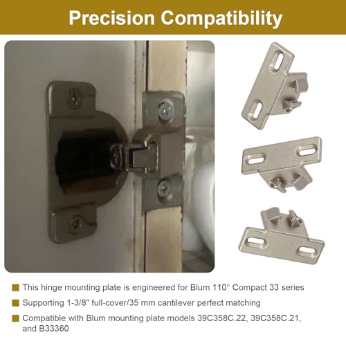 3 Pack of Hinge Mounting Plate Replacement for Blum 1 3/8" Overlay 110 Degree Compact 33 Edge, Edge Mount Plates for Blum Face Frame Overlay Hinge, Hinges for Cabinet Doors, Soft Close Hinges