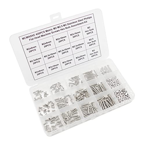 420PCS Metric M2 M2.5 M3 Stainless Steel Phillips Flat Head Machine Screws Hex Nuts Assortment Kit - size: M2/M2.5/M3