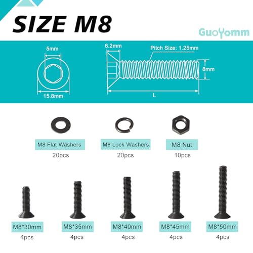 70 PCS M8 x 30mm 35mm 40mm 45mm 50mm, Flat Head Hex Socket Cap Screws Countersunk Bolts Washers Nuts Assortment Kit, 10.9 Grade Alloy Steel, Black Oxide Finish, Metric Allen Drive - size: M8x30/35/40/45/50 mm