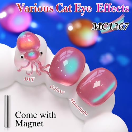Double Rhythm Jelly Glass Cat Eye Gel Polish with Magnet 15ML Holographic Glitter Shimmer Translucent Sheer Color Magnetic Nail Polish Salon DIY at Home (Pink Teal-MC1267) - color: Aurora Pink Green