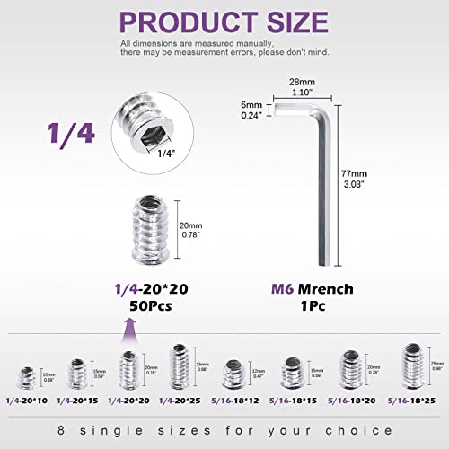 Swpeet 50Pcs 1/4" - 20 x 20mm White Zinc Plated Carbon Steel Carbon Furniture Screw in Nut Threaded Wood Inserts Threaded Inserts Bolt Fastener Connector Hex Socket (1/4" - 20 x 20mm) - size: 1/4" - 20 x 20mm
