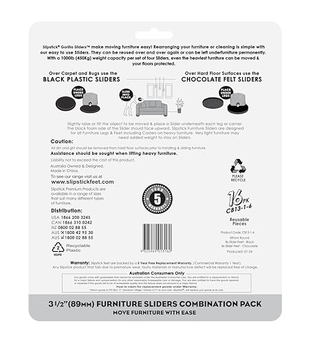 Slipstick GorillaSliders Premium Furniture Sliders for All Floor Surfaces (16 Piece Moving Kit) Reusable 3.5” Round Furniture Movers for Sliding Furniture on Hardwood & Carpet, Black, CB13-1-16 - size: 3-1/2" Combo (For Any Surface)