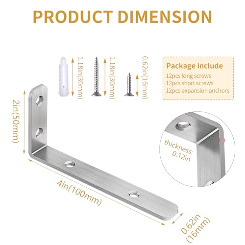 LSK 6PCS L Bracket, L 4"×H 2" Shelf Support Bracket, Max Load :42lb, Silver - color: Silver, size: 4x2 inch (light duty)