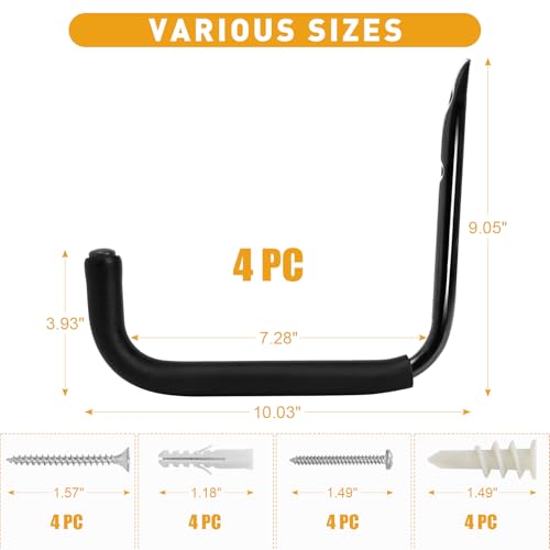 KURUI 10" Garage Organization Wall Hooks, 66 LB Heavy Duty Water Hose Holder for Hanging Ladder Extension Cord Garden Tool Cable, 4 Pcs, Black - size: 10''-4pcs
