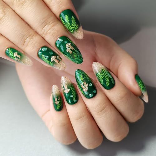 CurvLife Long Almond Press On Nails, Green Forest, Soft Gel - color: Green forest