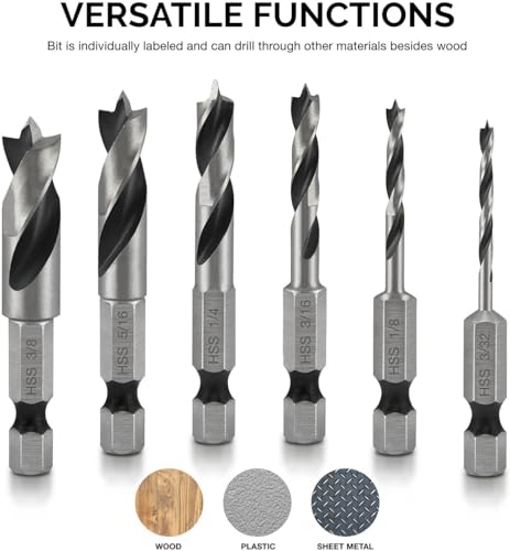 NEIKO 11401A 6 Piece Brad Point Drill Bit Set, Stubby Drill Bit Set for Wood, 1/4" Quick Change Hex Shank, HSS 4241 High Speed Steel for Quick Change Chucks and Drives, Drill Bit Holder Included - size: 6 Piece, style: Stubby