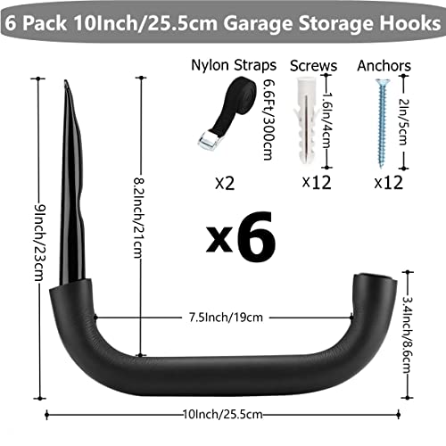 6 Pack Heavy Duty Garage Storage Ladders Hooks, 10 Inch Wall Mount Storage Garage Hangers for Bikes, Garden Tools, Chair, Hose - size: 9inch x 10inch