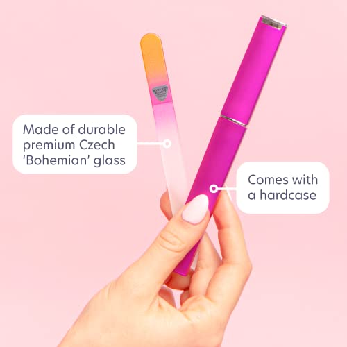Bona Fide Beauty Czech Glass Fine Grit Nail File with Case, Gold Magenta | Genuine Bohemian Czech glass nail file for natural nails, gentle keratin sealing nail filer, includes protective case - color: Gold Magenta