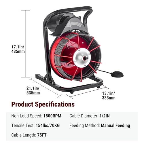 HoldwellS 75FT x 1/2 Inch Drain Cleaner Machine, Manual Feed Electric Drain Auger for 2"-6" Pipes, Sewer Snake Auger with 4 Cutters & Pneumatic Foot Switch - color: 75FT x 1/2inch (Manual Feed)