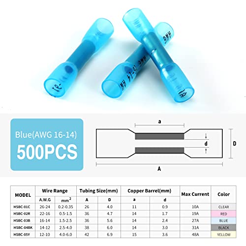 500PCS Heat Shrink Butt Wire Connectors 16-14 AWG, Insulated Waterproof Electrical Wire Connectors Automotive Marine Grade Wire Crimp Terminals Butt Splices, Ideal for Boat, Truck, Blue - size: Blue 500 PCS