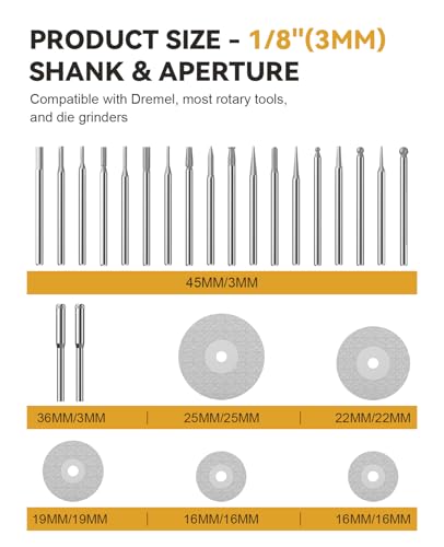25Pcs Diamond Grinder Bit and Cutting Wheel Set for Dremel, 20 Pcs Grinding Burr Drill Bit with 1/8 Inch Shank, 5 Pcs Cutting Wheel with 2pcs 3mm Mandrel for Rotary Tool - size: 25 Pcs
