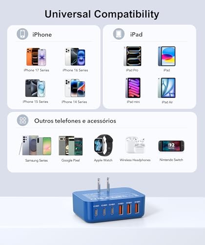 USB C Wall Charger, 100W 6 Port USB C Charging Station Hub Cube Wall Outlet - color: Dark Blue