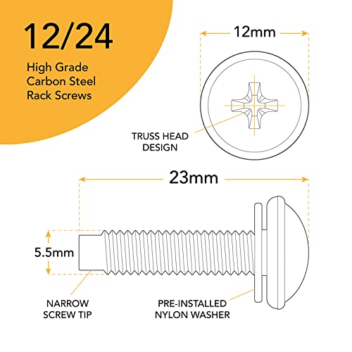 12-24 Rack Screws [50pk] – Rack Mount Screws with Nylon Washers for Server, Network, and Audio Equipment - size: 12-24 (50 Pack)
