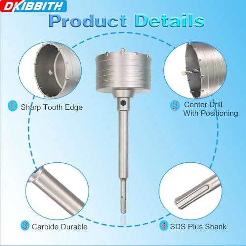 4" Concrete Hole Saw, 102mm Tungsten Steel Core Bit for Cinder Block, Brick, Rock, Plank Walls for Pipes or mini Split Lines, with SDS Plus Shank and 2 Center Positioning Drill Bits. - size: 4"