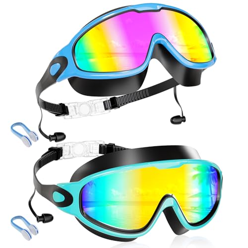 Aegend New Kids 2 Pack Wide View Swim Goggles, Anti-Fog/UV No Leak Goggles with Ear Plugs Kids 3-14 - color: Blue Rose & Black Green Aqua