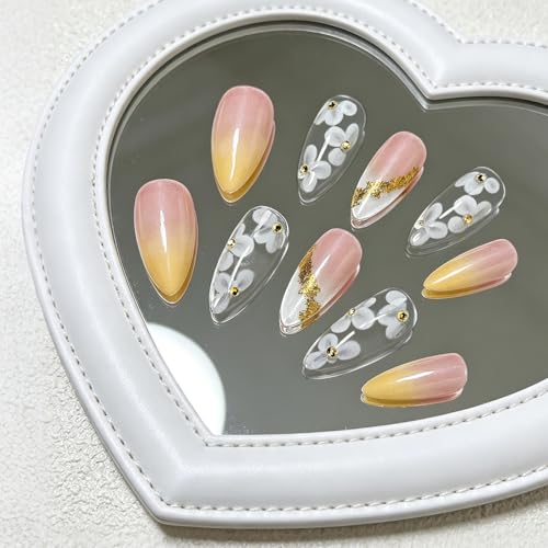 3D Press on Nails Almond - Medium French Tip Fake Nails with Embossed Flower&Gold Bead Designs, Glossy Finish Reusable False Nails for Women Manicure(3D Embossed design 21） - color: 3D Embossed design 21