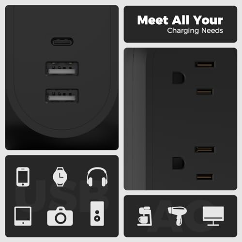TESSAN Tower Power Strip Flat Plug with 1050J Surge Protection, 6 Ft, Black (Pack of 2) - color: Black, size: 6 Feet (Pack of 2)