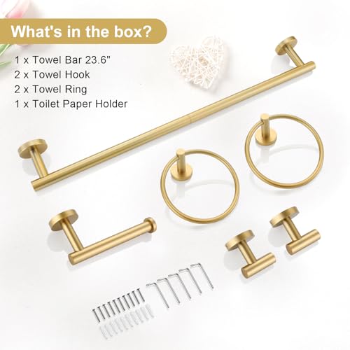 TQKAG Brushed Gold Bathroom Hardware Set 6-Piece Bathroom Accessory Set 23.6 Inch Round Stainless Steel Towel Bar Set Wall Mounted - color: Brushed Gold, size: 6-Pieces Set
