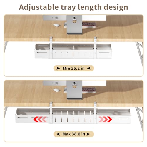 Under Desk Cable Management Tray,Expandable 25.2Inch – 38Inch,White - color: White-1