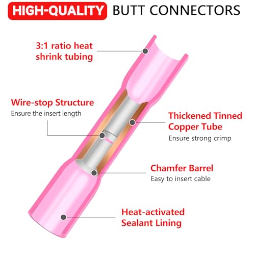BAALA 40 PCS 12-10 Gauge Heat Shrink Butt Connectors Butt Splice Connector Marine Grade Waterproof Wire Butt Connectors Crimp Tinned Copper Wire Splice Connector