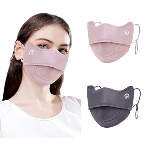 2Pcs UV Face Mask, Sun Masks for Women, Cooling Breathable Face Cover for Outdoors, Washable Reusable - color: Pink, Dark Grey