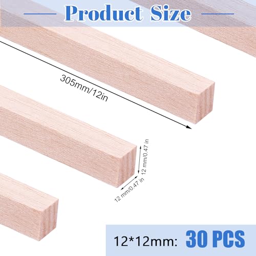 30 Pieces Balsa Wood Sticks 1/2 x 1/2 x 12 Inch Wood Strips Balsa Square Wooden Dowels Hardwood Unfinished Wood Sticks for Crafts DIY Projects Models Making Supplies - color: 12” X 1/2” X 1/2” 30Pcs