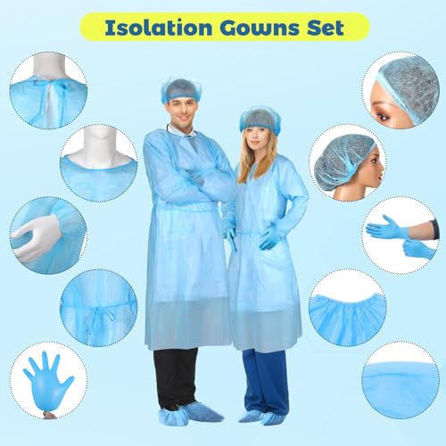 Xuhal Disposable Isolation Gown Set with Caps Gloves Shoe Covers, Blue