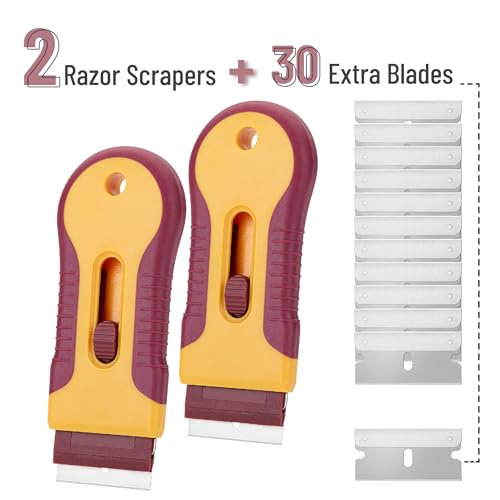 Bates- Razor Blade Scraper Tool, 2 Pack, 30 Extra Steel Blades, Anti-Slip Ergonomic Handle Design, Razor Scraper Set for Cleaning Window, Paint, Oven, Glass, Stove - color: Yellow and Red
