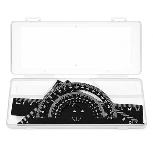 4 Pcs Metal Triangle Ruler Set, Geometry Set with Protractor and Straight Ruler, Metric 6 Inch Drawing Rulers with Storage Box Math Drafting Measuring Tool for Engineers Draftsmen Office Supplies Blac