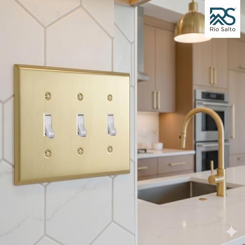 Rio Salto BRASS Toggle Light Switch Cover Plate Triple Toggle Flip Switch Outlet Covers 3 Gang Brushed Brass Gold Metal Wall Plate Flip Swtich — Signature Collection, Standard Size 4.50" X 6.33" - color: Toggle Switch 3-Gang (1-Pack)