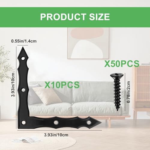 Decorative Corner Brackets, 10pcs L-Shape Barn Door Sliding Brace, Rustic Black Flat L Bracket, Joint Right Angle for Wood Garage Gates Shutters (100x100x15mm)