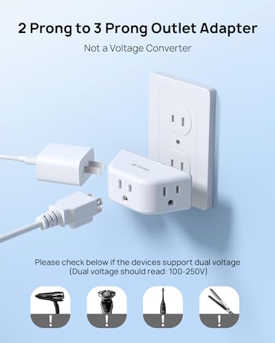 TROND 2 Prong to 3 Prong Outlet Adapter for Old House - color: White, size: 3AC-2 Prong Plug, 1 Pack