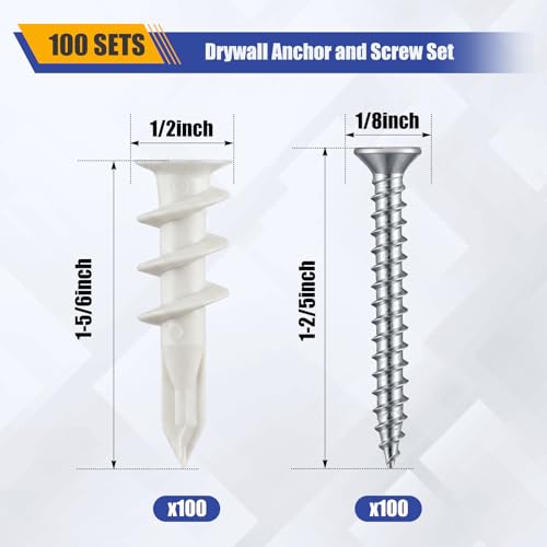 200 Pcs #8 Self Drilling Drywall Anchors and Screws Kit, 100 Anchors, 100 Screws with Organizer Box, Heavy Duty 80 LBS, No Drill Holes Required for Hanging TVs, Mirrors, Picture Frames, Shelves(White)