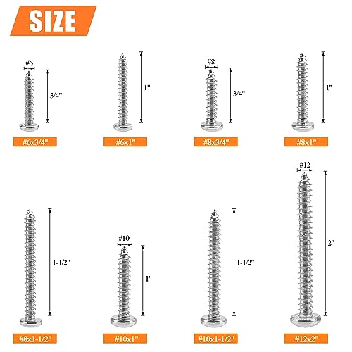 315 Pieces #6#8#10#12 Wood Screws Set, HELIFOUNER 8 Sizes Phillips Pan Head Self-Tapping Screws Assortment Kit, Phillips Pan Head Wood Screws, 304 Stainless Steel - size: #6#8#10#12