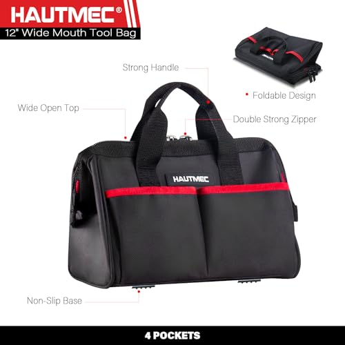 HAUTMEC 3-Piece Rolling Tool Bag Set, 18" Wheeled Tool Bag, 15" Open Top Tool Tote & 12" Wide Mouth Small Bag, Heavy-Duty 1680D Water-Resistant Tool Storage with Off-Road Wheel & Telescoping Handle - style: 3-Pcs Set | Black